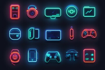 Poster - Neon icons representing various technology and gaming devices.