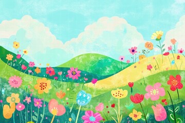 Aufkleber - Colorful naive art style landscape with flowers and a vibrant sky inviting creativity and imagination. Generative AI