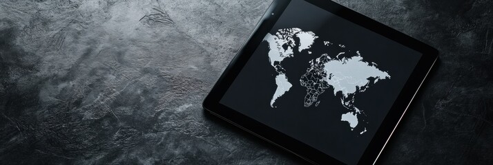 Poster - Modern flat lay with tablet showing a detailed world map and ample copy space for creative text placement. Generative AI