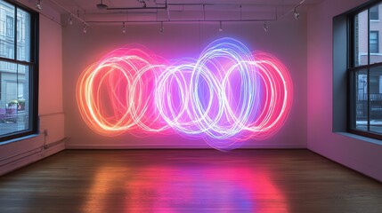 Poster - A vibrant light installation with colorful circular patterns in a modern gallery space.