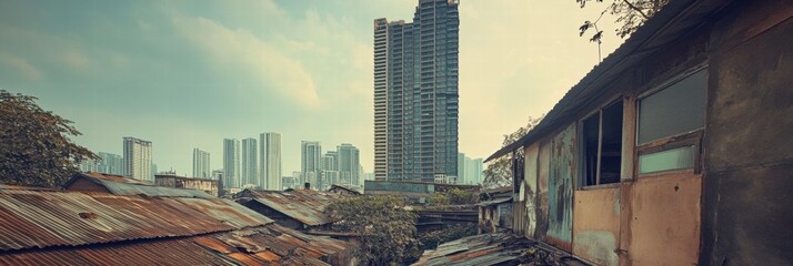 Aufkleber - Luxury skyscraper rises above rundown shacks in urban landscape contrasting wealth and poverty in modern city. Generative AI