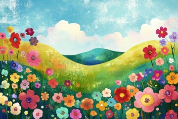 Aufkleber - Vibrant naivety in floral landscape with hills and blue sky offering creative space for text. Generative AI