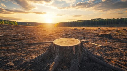 Poster - Deforested landscape at sunset revealing tree stumps in a barren terrain. Generative AI
