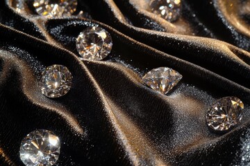 Poster - Sparkling large diamonds arranged on a luxurious black fabric with copy space for elegant presentation. Generative AI