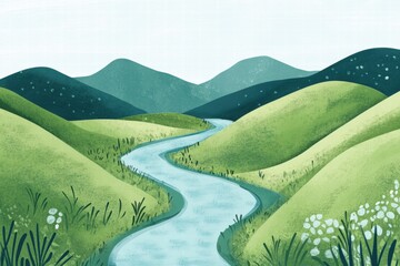 Leinwandbilder - Serene landscape with rolling hills and a winding river in a naive art style inviting tranquility and imagination. Generative AI
