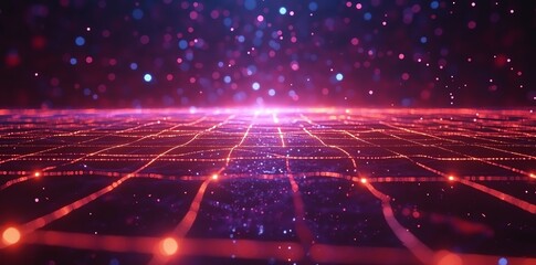 Aufkleber - A digital landscape with glowing lines and particles, representing data and technology.