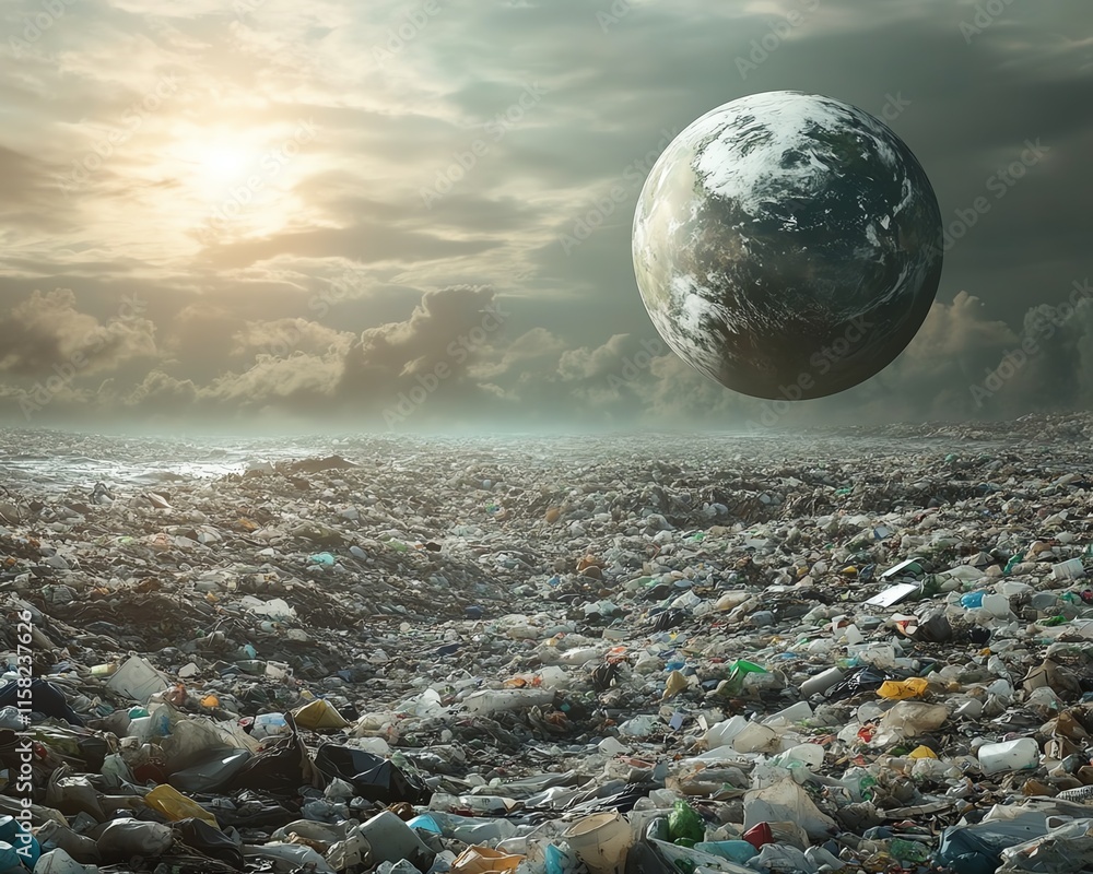 Plasticfilled world, Earth choked by garbage, overflowing landfills ...