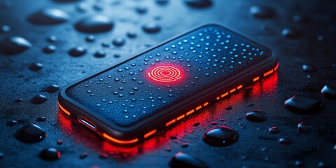 Fototapete - A smartphone with droplets on its surface, featuring a glowing fingerprint sensor.