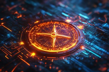 Aufkleber - A glowing compass on a digital circuit background, symbolizing navigation and technology.