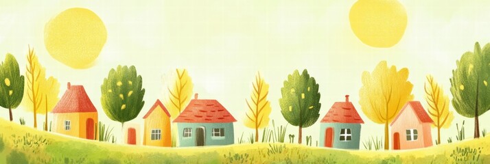 Aufkleber - Colorful naive art style landscape featuring cheerful houses and bright sun on a sunny day. Generative AI