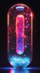 Poster - A glowing capsule filled with shimmering particles in a vibrant cosmic setting.