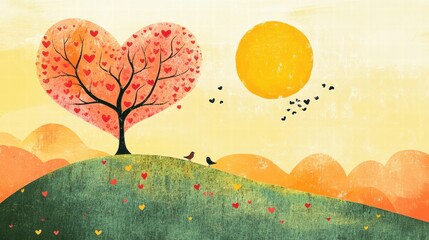 Leinwandbilder - Whimsical Valentines Day design featuring a heart tree with birds and a sunny landscape. Generative AI