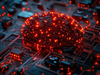 Fototapete - A glowing brain made of circuitry on a dark background, symbolizing artificial intelligence.