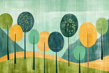 Leinwandbilder - Naive art style landscape featuring colorful trees and hills suitable for text placement. Generative AI
