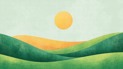 Leinwandbilder - Vibrant naive art style landscape featuring rolling hills and a bright sun for creative mock up or text placement. Generative AI