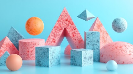Poster - Colorful geometric shapes arranged artistically on a blue background.