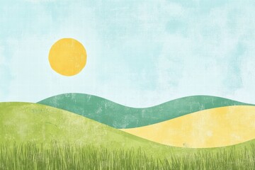 Leinwandbilder - Bright naive art style landscape with hills and sun inviting space for creative text entries and designs. Generative AI