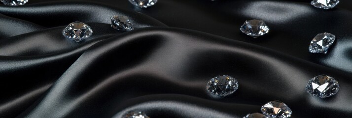 Poster - Sparkling large diamonds scattered across luxurious black satin fabric with ample space for text. Generative AI