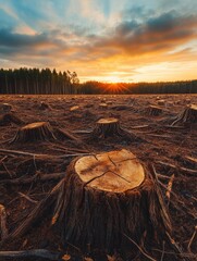 Poster - Deforested landscape at sunset with numerous tree stumps and a backdrop of untouched forest. Generative AI