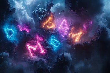 Poster - A cosmic scene featuring glowing letters amidst colorful nebulae and clouds.