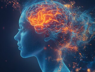 Poster - A digital representation of a woman's profile with a glowing brain, symbolizing thought and creativity.