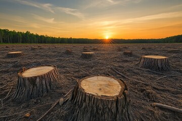 Poster - Deforested landscape at sunset with tree stumps and sun setting over barren ground. Generative AI
