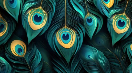 Poster - Elegant pattern of overlapping peacock feathers with vibrant colors and inviting space for creative text placement. Generative AI