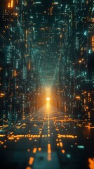 Fototapete - A futuristic digital corridor illuminated by glowing lines and light, suggesting advanced technology.