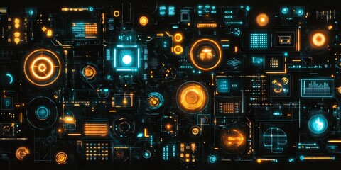 Fototapete - Abstract digital interface with glowing elements, representing technology and data visualization.