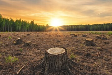 Poster - Deforested landscape revealing tree stumps at sunset in a clear cut area. Generative AI