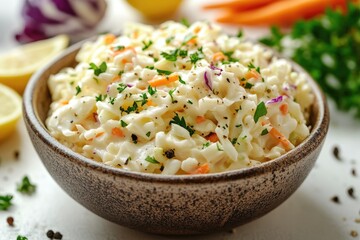 Wall Mural - Creamy coleslaw with cabbage, carrots, and parsley sprinkled with black pepper