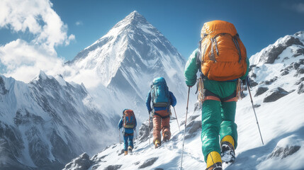 Wall Mural - A group of hikers with backpacks and climbing gear walking up the mountain path towards the summit of Mount Everest