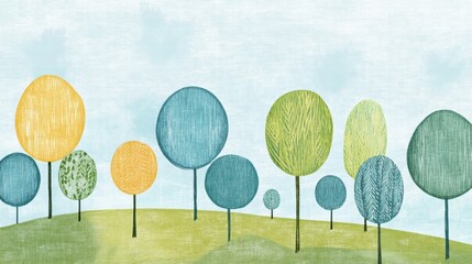 Poster - Bright naive art landscape featuring colorful trees with copy space for creative text placement. Generative AI