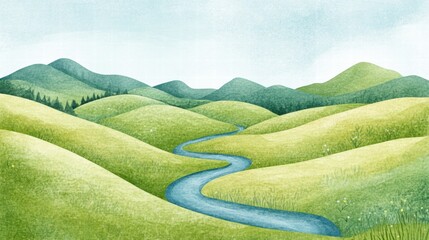 Leinwandbilder - Naive art style landscape featuring rolling green hills and a winding river under a clear sky for creative projects. Generative AI