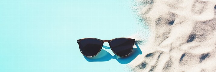 Aufkleber - Stylish sunglasses resting on sandy beach with turquoise water in the background inviting relaxation on a sunny day. Generative AI