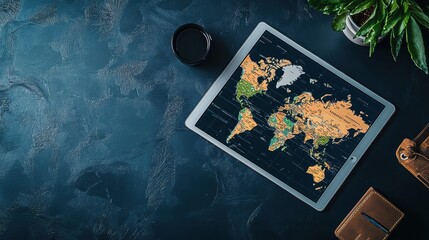 Aufkleber - Tablet displaying a world map on a dark surface with copy space for text and an array of stylish accessories. Generative AI