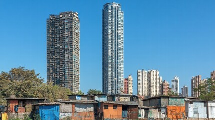 Aufkleber - Luxury skyscraper stands tall beside rundown shacks highlighting urban contrast in a developing area. Generative AI