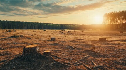 Poster - Deforested landscape revealing numerous tree stumps under a golden sunset sky in a once vibrant forest area. Generative AI