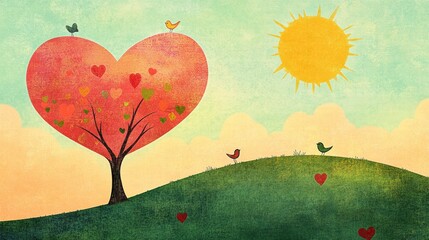 Aufkleber - Whimsical Valentines Day design featuring colorful heart tree and playful birds under sunny skies. Generative AI