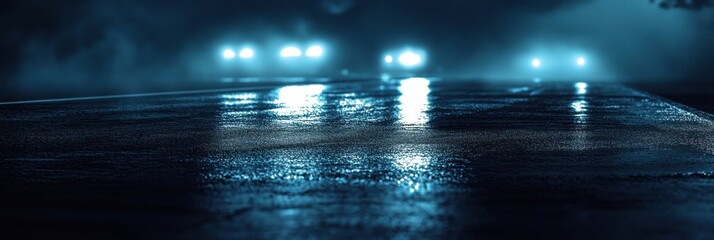 Poster - Bright streaks of car lights illuminate a wet night road creating a dynamic atmosphere with space for text. Generative AI