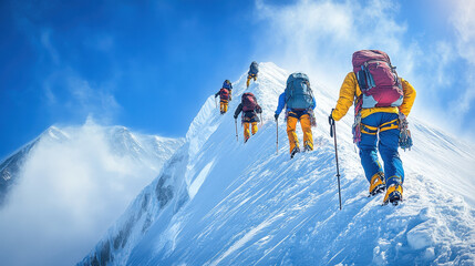 A group of mountaineers climbing the snowy peak