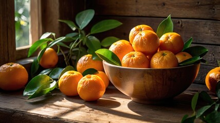 A sunlit bowl of  fresh mandarins with leaves on a rustic table.