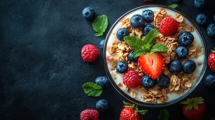 Wall Mural - Healthy breakfast parfait with yogurt, granola, strawberries, raspberries, and blueberries in a glass bowl on a dark background.