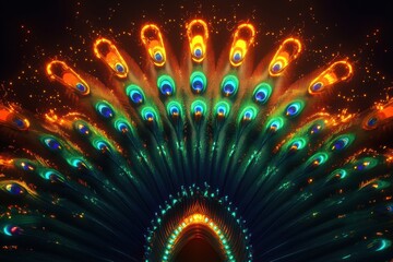 Aufkleber - Colorful fan like display of peacock tail feathers showcasing intricate patterns and vibrant hues in bright lighting. Generative AI