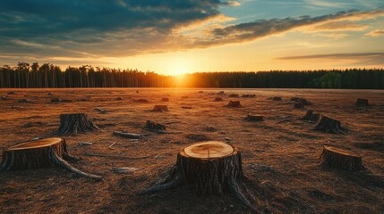 Poster - Deforested landscape revealing tree stumps at sunset with a backdrop of distant forest trees. Generative AI