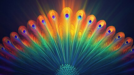 Poster - Colorful display of peacock tail feathers creating a fan like effect with vibrant hues and ample copy space. Generative AI