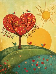 Aufkleber - Whimsical Valentines Day design featuring a heart shaped tree with birds, colorful hearts, and a bright sun in a cheerful landscape. Generative AI