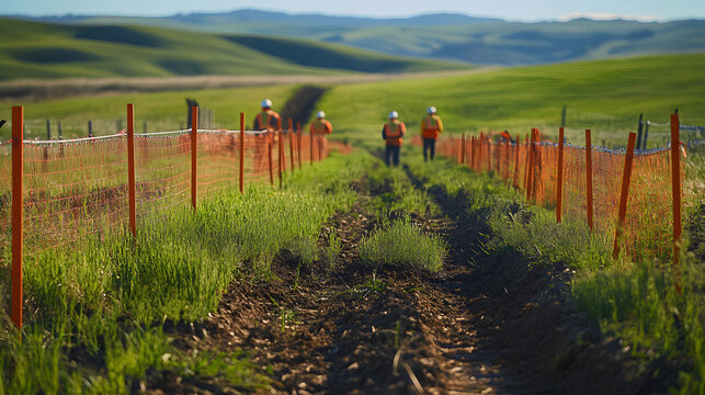 Workers walking on rural path, safety fence, green hills.