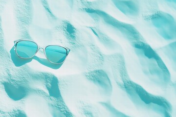 Aufkleber - Stylish sunglasses resting on soft beach sand with clear blue sky in a summer scene perfect for vacation. Generative AI