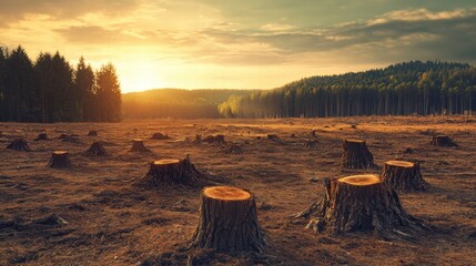Poster - Deforestation impact revealed through a landscape of tree stumps at sunset in a once dense forest. Generative AI